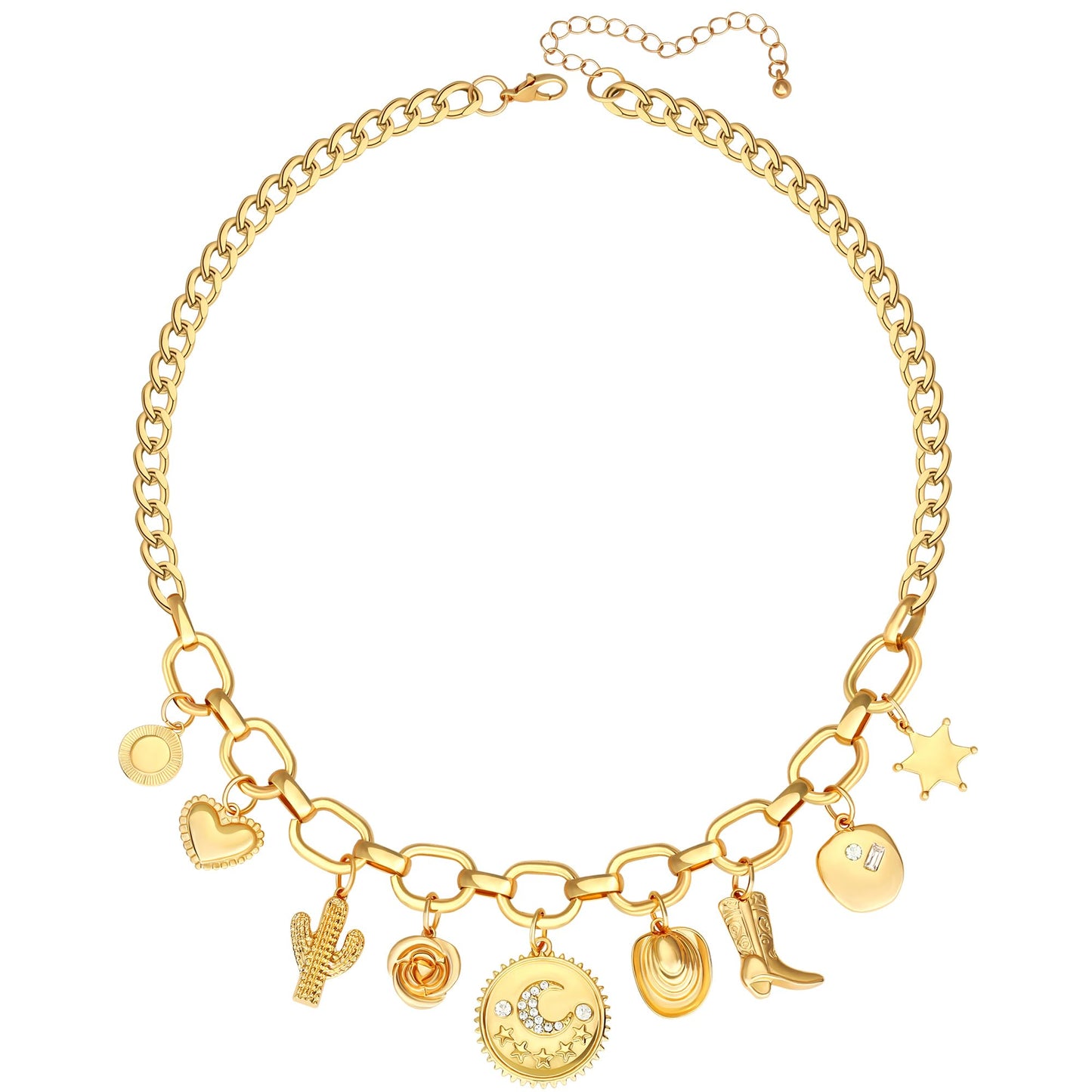 MISS RIGHT Charm Necklace for Women Chunky Gold Western Coastal Cowgirl Boot Tarot Card Coin Star Moon Celestial Charms Pendant Paperclip Chain Necklace Jewelry Gifts Cowboy