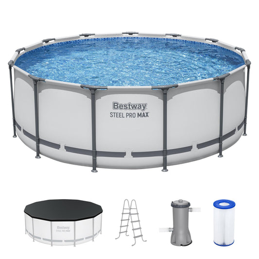 Bestway Steel Pro MAX 13' x 48" Above Ground Pool, Round Metal Frame Outdoor Swimming Pool Set with Filter Pump, Ladder, and Cover, Gray