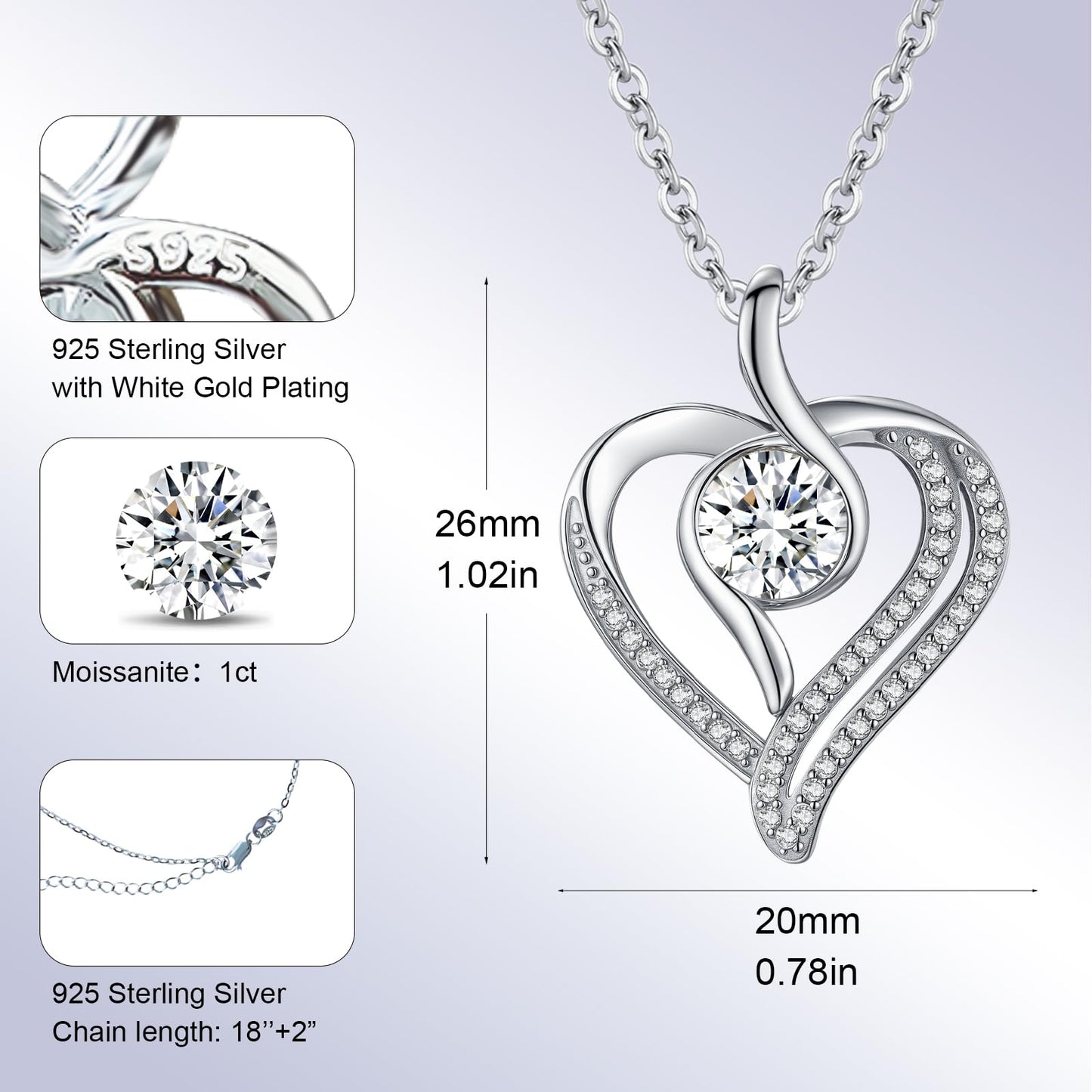 1 Carat Moissanite Necklace 925 Sterling Silver Jewelry 5A Cubic Zirconia Heart Pendant Necklace Gifts for Mom Women Girlfriend Grandma Her Wedding Birthday Anniversary Engagement Valentine's Day