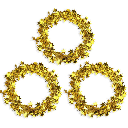 75 Feet Star Tinsel Garlands with Wire, Christmas Star Wire Garland Decorations for Xmas Tree Home Wedding Birtahday Party Festive Ornament, Golden, 3 Pack