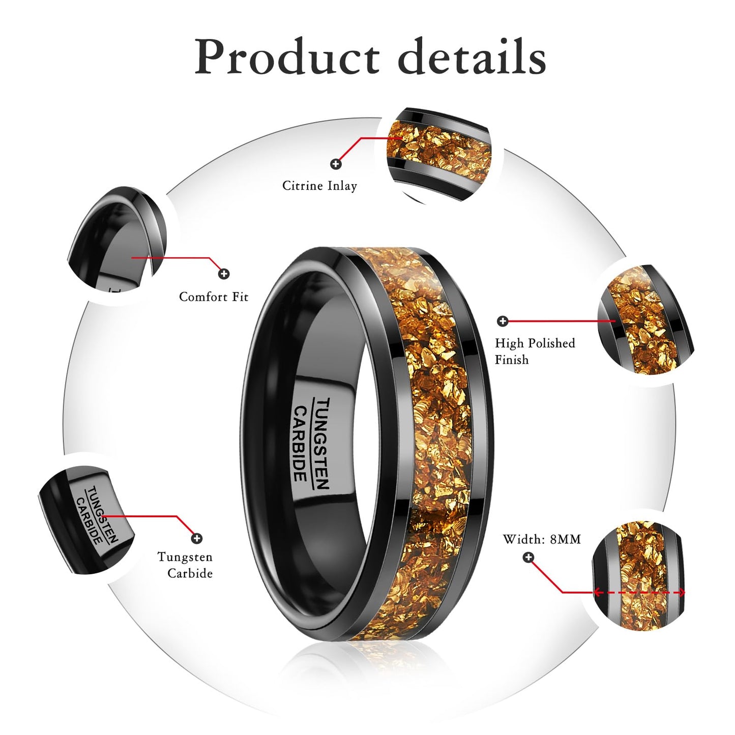 NUNCAD Men's Tungsten Rings 8mm Black Wedding Band Inlaid with Citrine Center Polished Domed Comfort Fit Size 12