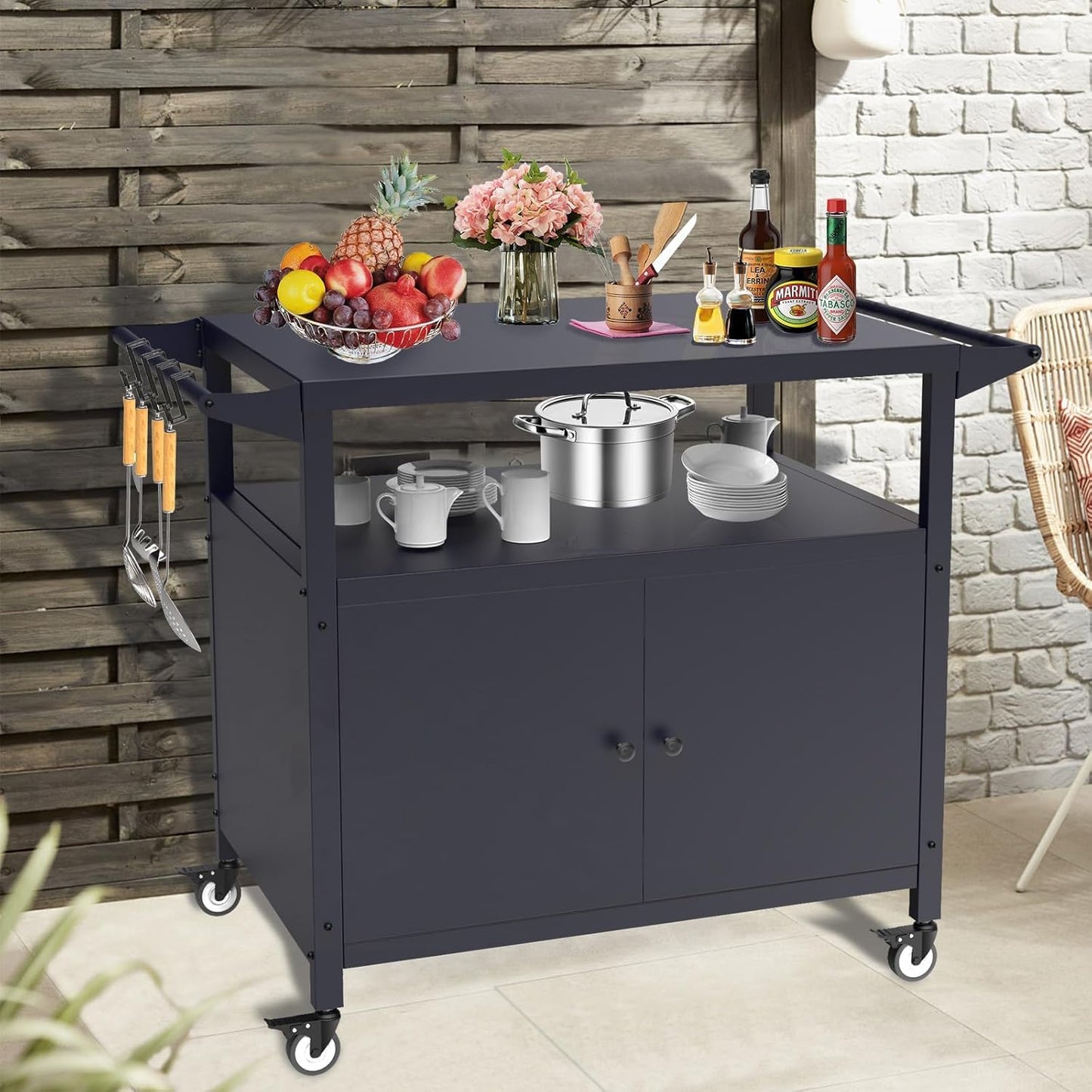 Outdoor Grill Table with Storage, Movable BBQ Grill Cart, Outdoor Kitchen Prep Station, Rolling Bar Serving Cart with Utensil Hooks, Blackstone Griddle Stand