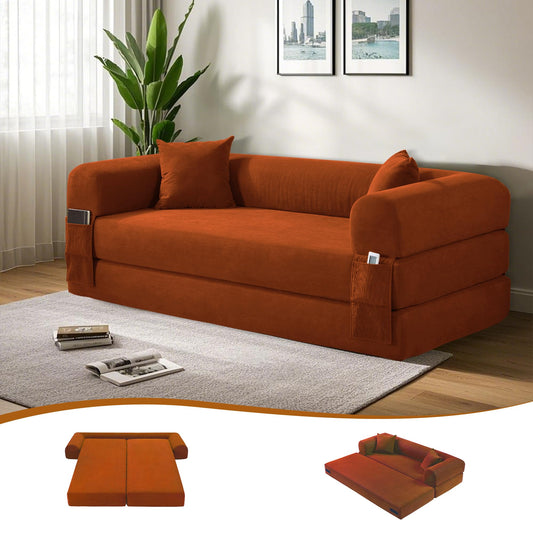 80" Convertible Sofa Bed, 3-in-1 Corduroy Folding Pull Out Couch with Pillows, No Assembly Modern Boneless Couch Compression Sofa in Box, Floor Sofa with Side Storage Pocket for Living Room, Orange