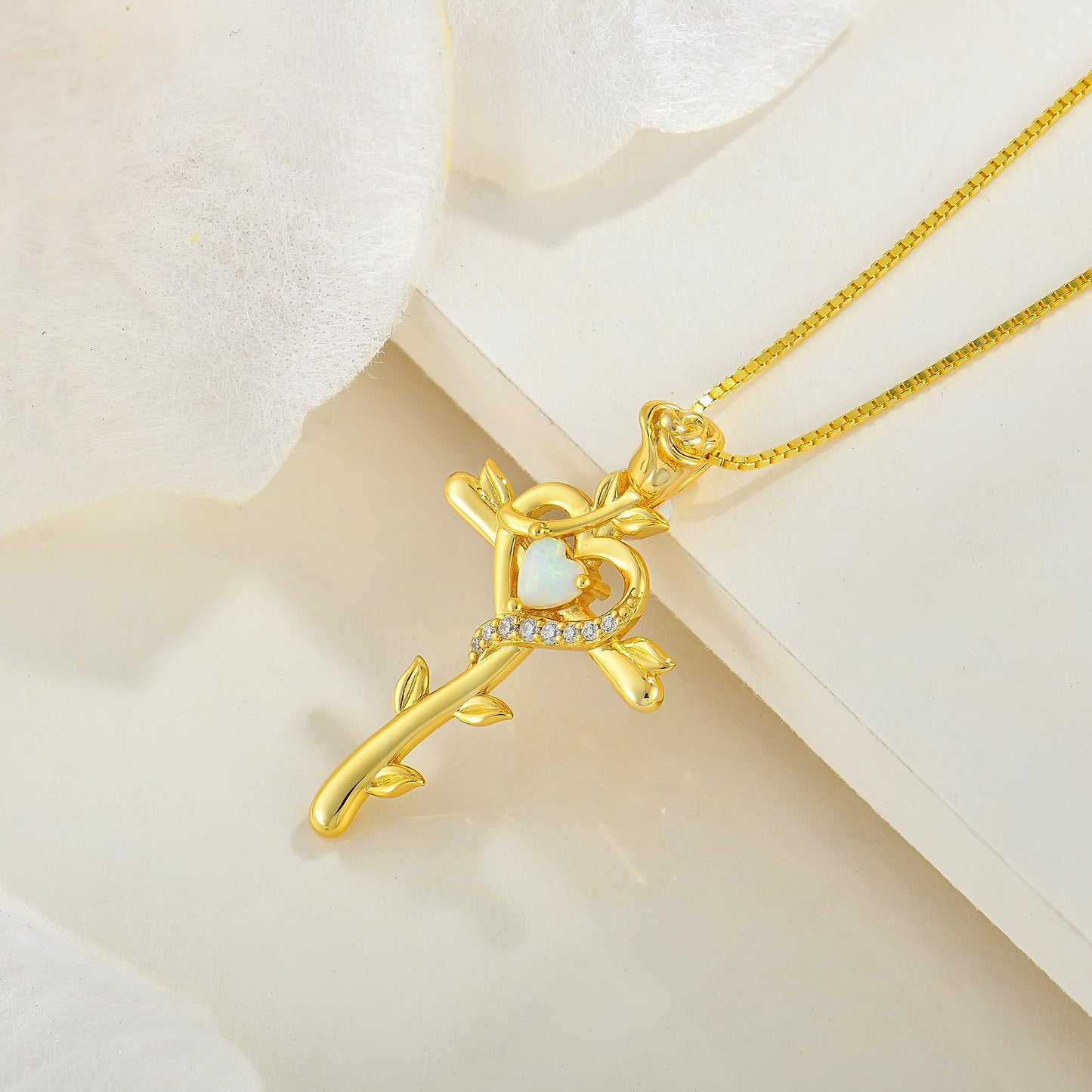 STARCHENIE Rose Cross Necklace, 925 Sterling Silver 14K Gold Plated, Created Opal Heart Pendant, Crucifix Jewelry Gift for Women