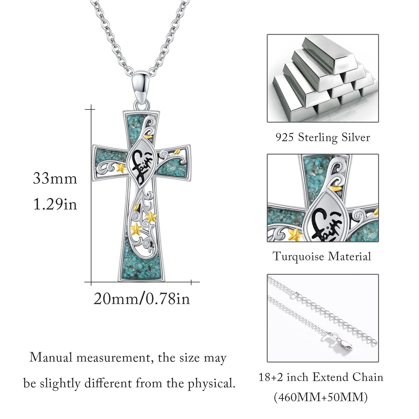 YEESIA Cross Necklace 925 Sterling Silver Turquoise Faith Pendant Necklace Flower Jewelry Gift for Women Mom Mothers Day
