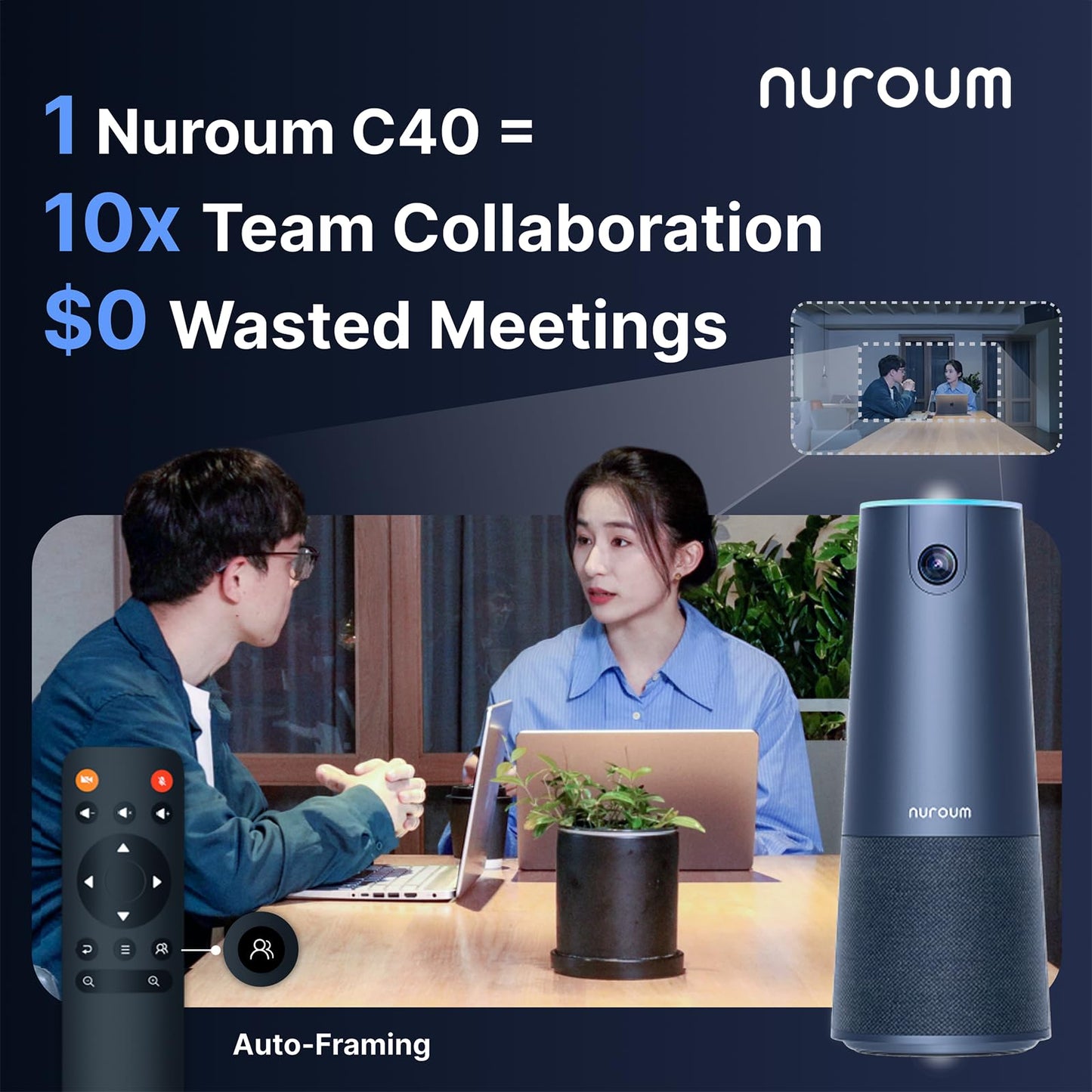 NUROUM C40(2nd Gen) 2K Video Conference Webcam with Microphone and Speaker, 5X Zoom, 4 Noise Cancelling Mics Conference Room Camera, 120°Ultra Wide Angle, 16ft Voice Pickup, for Zoom/Skype/Teams