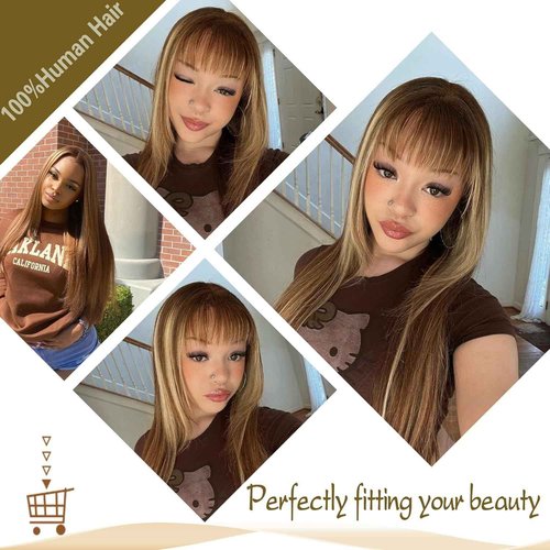 Realloves Highlight Ombre Human Hair Bundles with Closure 10A Highlight Brown Blonde 3 Bundle with 4X4 Closure Free Part (12 14 16+12Inch) Soft Straight Honey Brown Bundles Human Hair