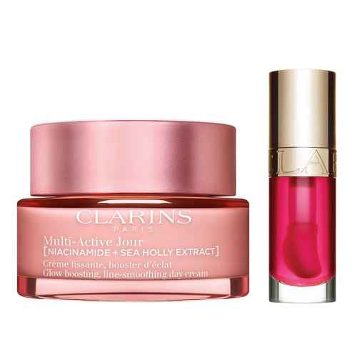 Clarins Multi-Active Day Face Moisturizer and Lip Oil Bundle | Anti Aging Face Cream with Niacinamide | Sheer, High Shine Finish Lip Oil Visibly Plumps | All Skin Types