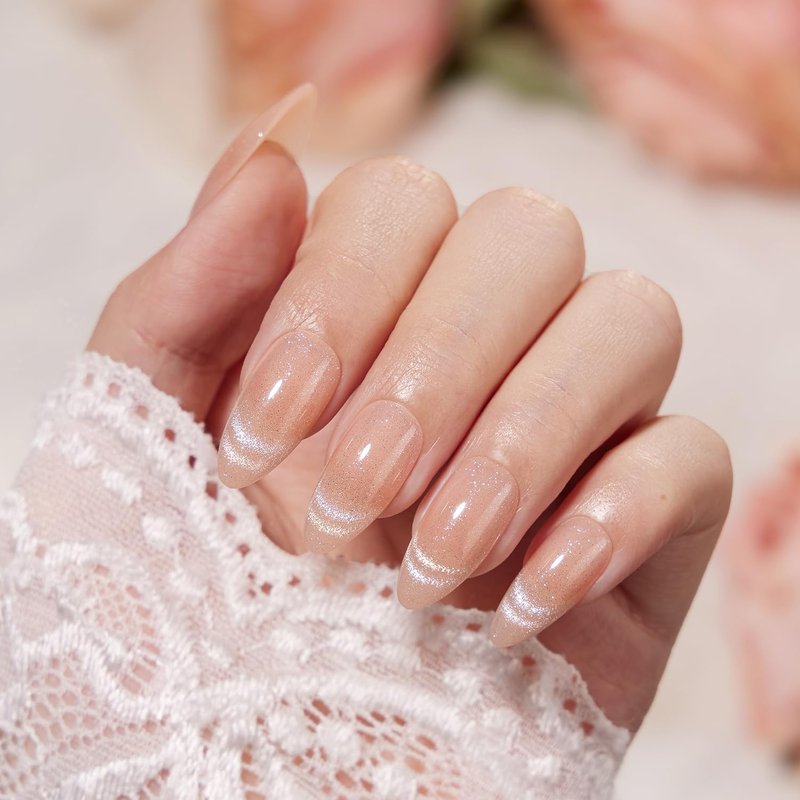VSALON Almond Medium Press On Nails, Nude Radiant Cat Eye French Tip