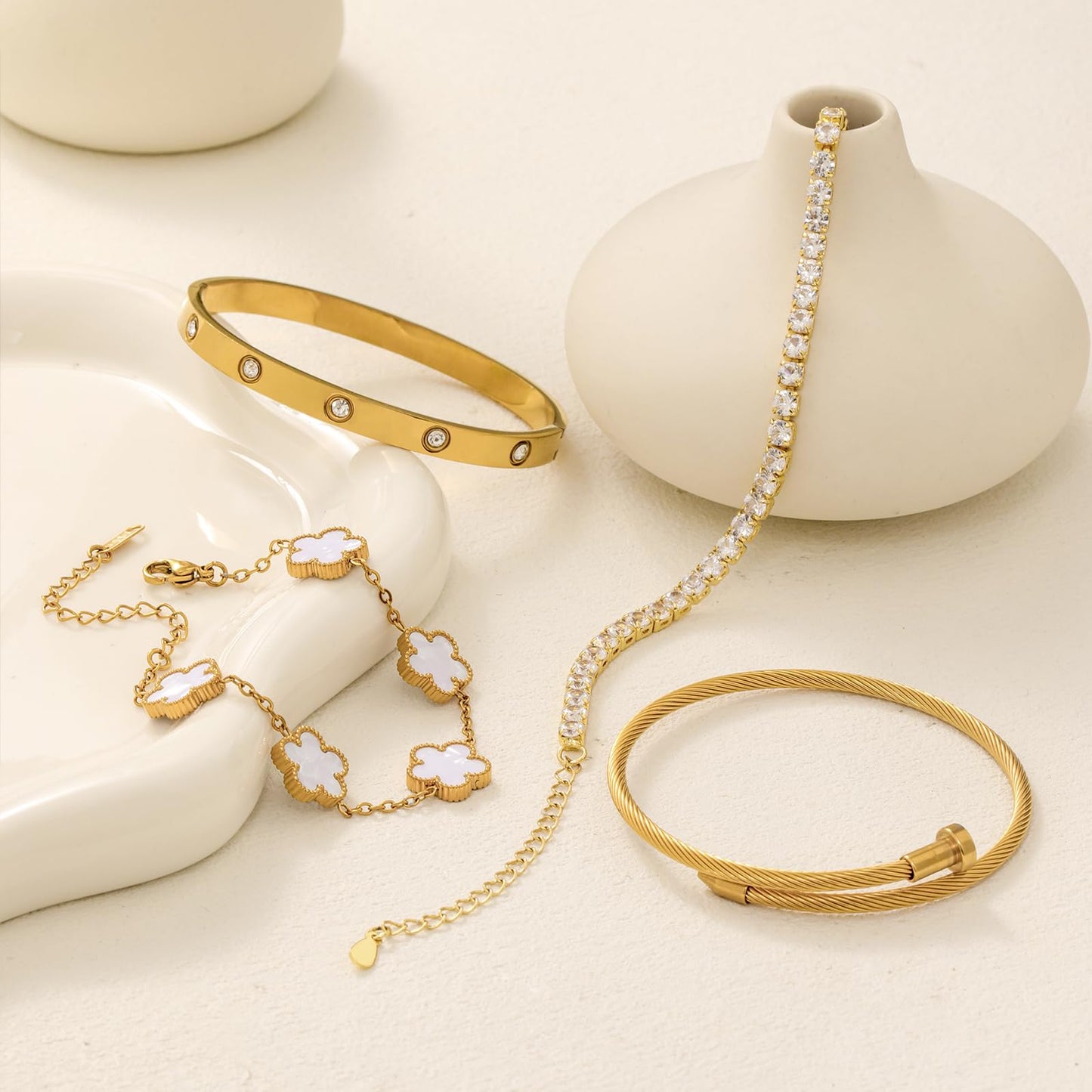 MEIERYA 18K Gold Plated Womens Stackable Floral Bracelets Set,Twisted Cable Bangle,Trendy Jewelry,Waterproof adjustable bracelet,Christmas Birthday Gifts for Girlfriend or Mother. (04-Color-white)