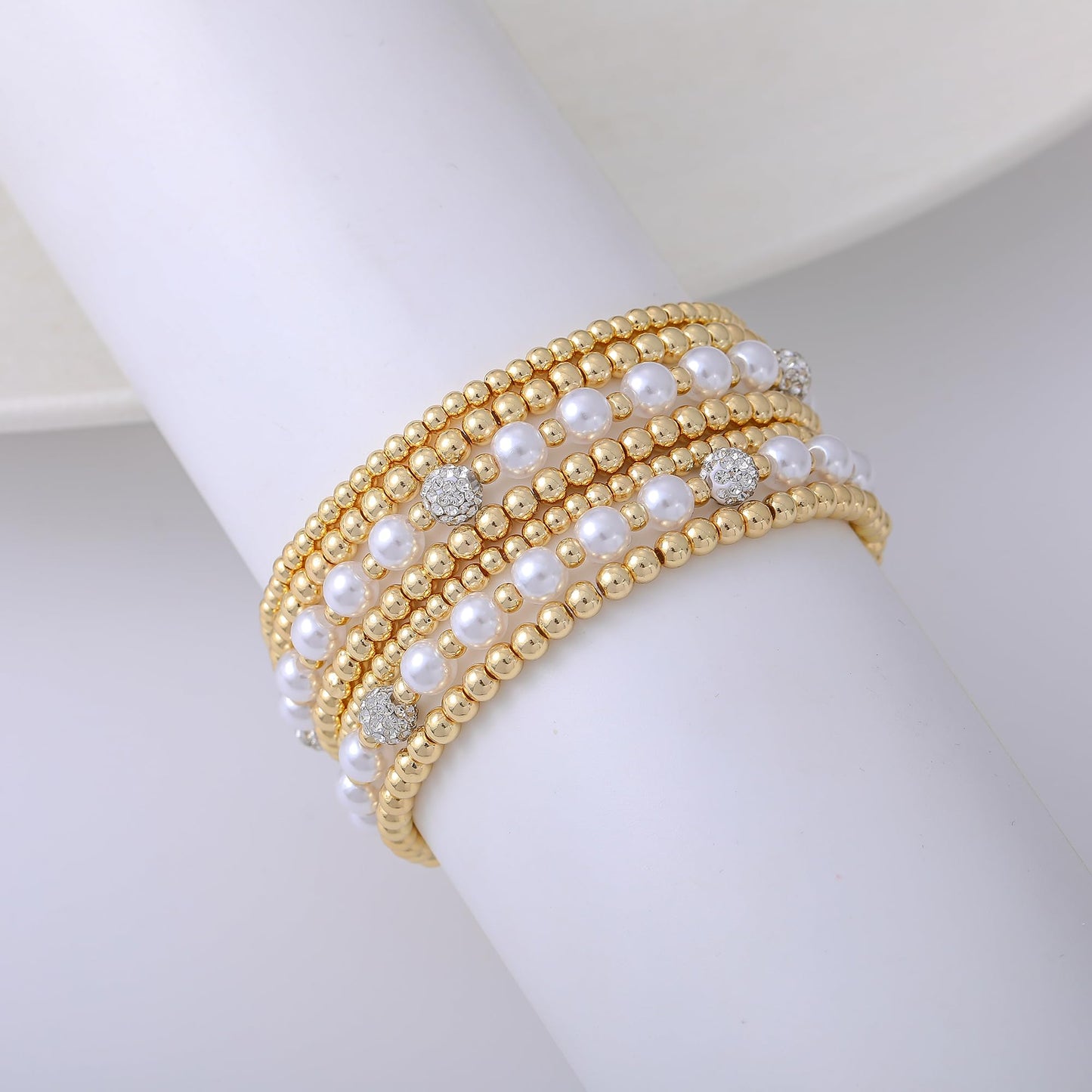 Sajidos Gold Plated Beaded Bracelets for Women Trendy, 14K Gold Plated Stack Cross Pearl Gold Plated Bead Stretch Bracelets Set Elastic Hypoallergenic Bracelets Jewelry Gifts (style20)