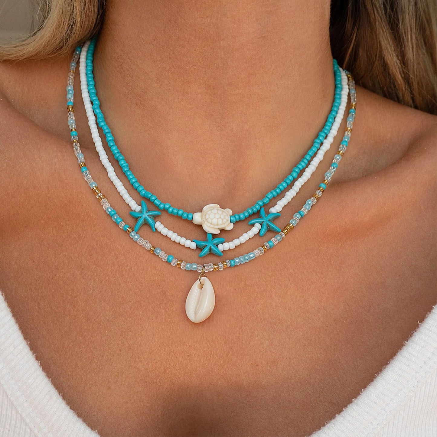 Lameybrt Cowrie Shell Surfer Necklaces, Hawaiian Beach Handmade Choker Set for Women, White Rice Bead with Black Accents, Bohemian Summer Seashell Choker 2 Piece Set, Perfect for Summer Beach Vacation, Birthday, Mother’s Day & Holiday Gifts (Shell 25 Blue