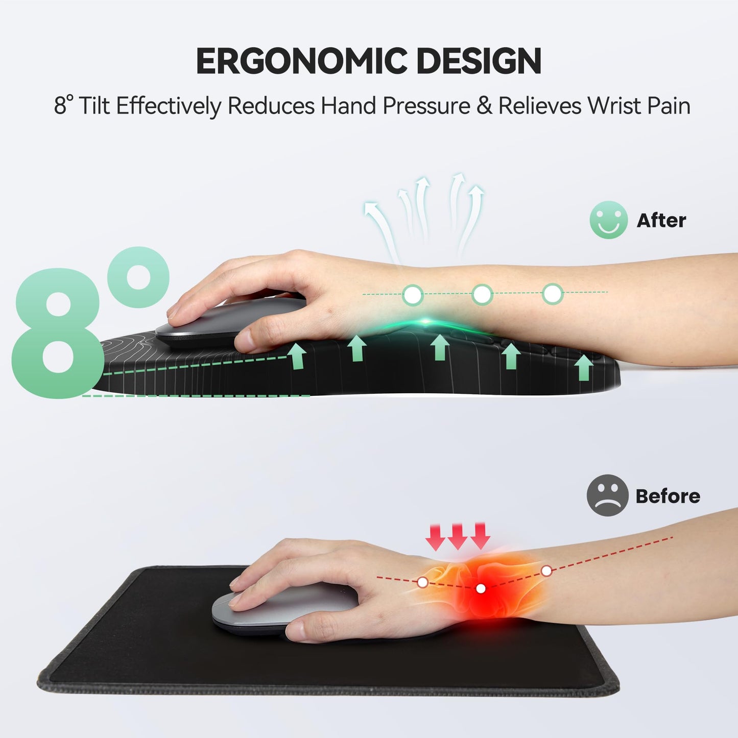 TECKNET Ergonomic Mouse Pad with Wrist Rest, Soft Mousepad with Massage Design, Memory Foam and Non-Slip PU Base for Pain Relief, Gaming Mouse Pad for Desk, Home, Office, 12x8 Inches, Black White