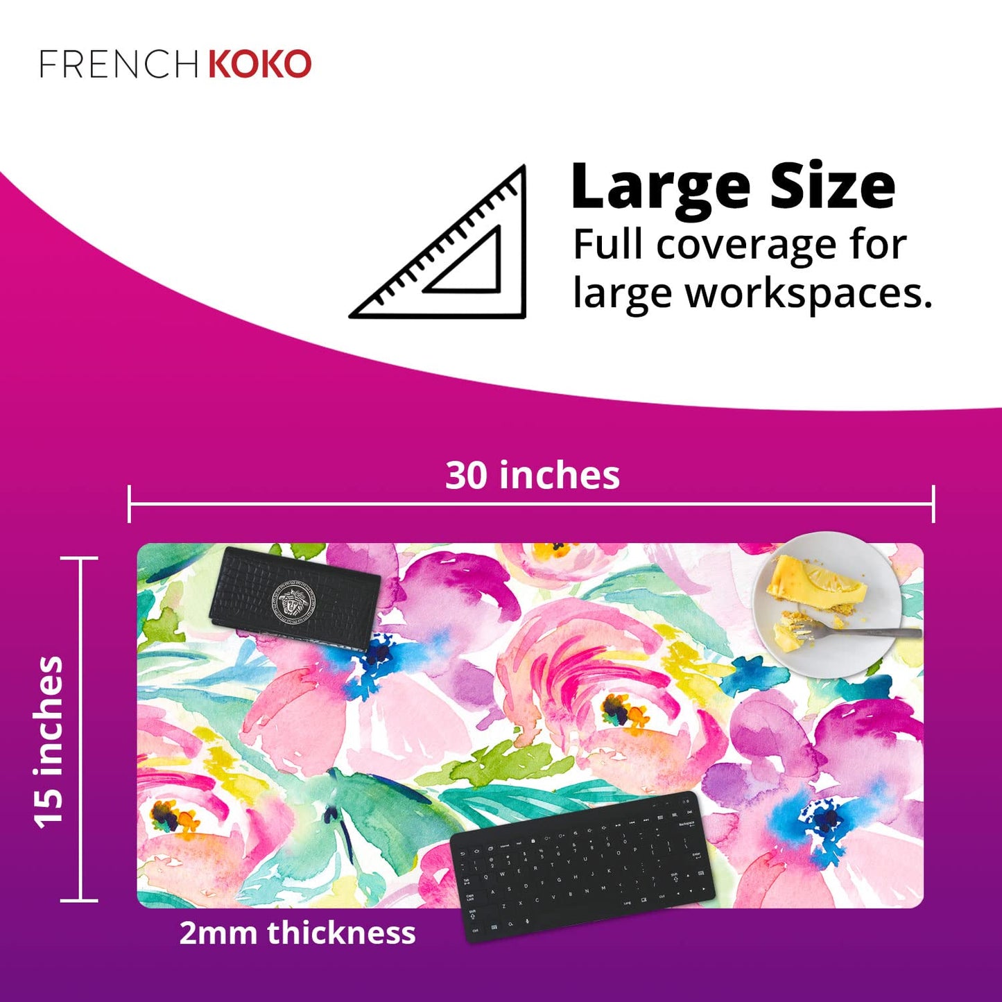 French KOKO Large Mouse Pad Desk Mat Desk Pad Keyboard School Essentials Office Decor Big Extended Laptop Protector Computer Accessories Pretty Mousepad Women Girls Pink Flowers XL Gift