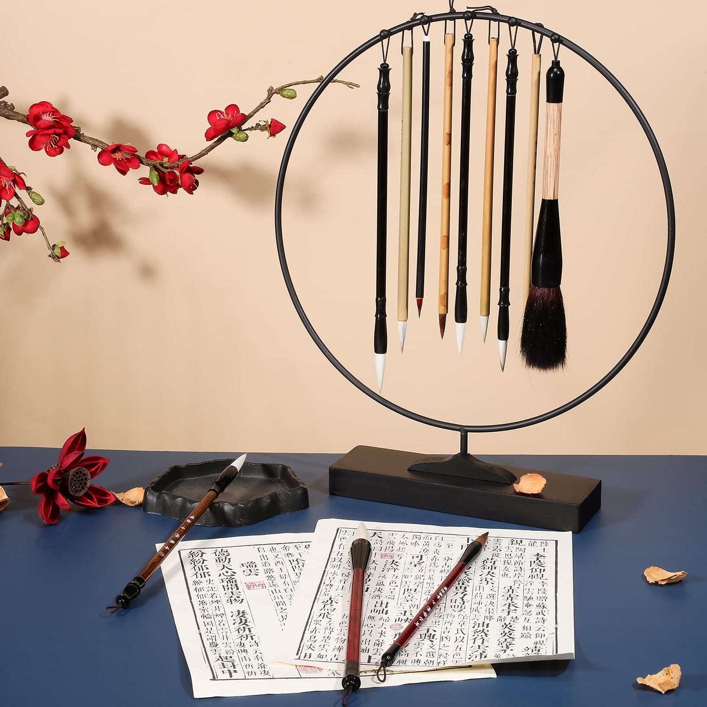 Marspark 12 Pieces Chinese Calligraphy Brushes Painting Writing Watercolor Ink Brushes Set for Kanji Japanese Sumi Drawing with Roll-up Holder