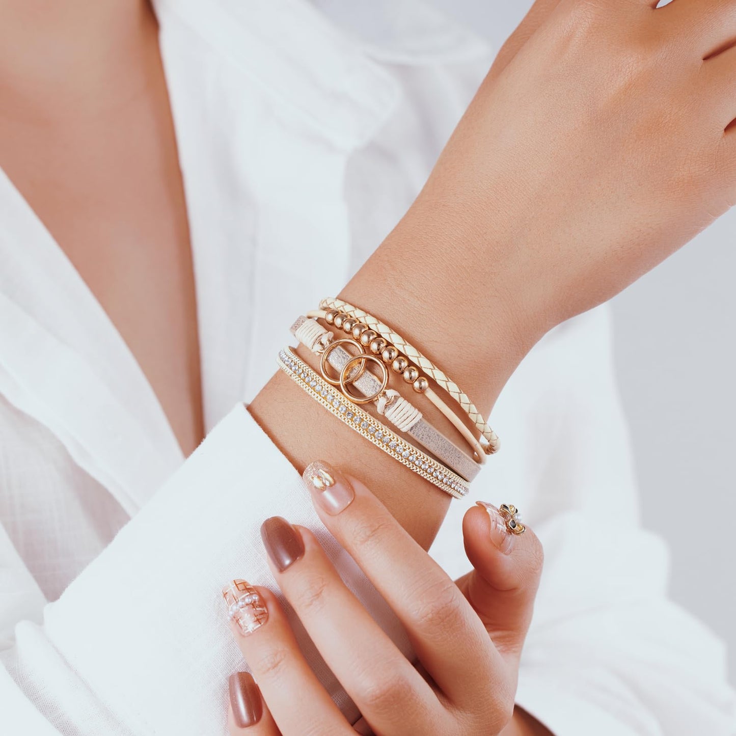 Becklynn Boho Leather Wrap Bracelets Beaded Crystal Stackable Cuff Bracelet with Magnetic Clasp Cowboy Cowgirl County Concert Outfits Western Jewelry Gifts for Women(Infinity Gold)