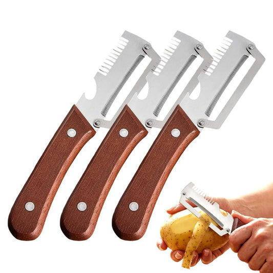 2026New Multi-functional Vegetable Peeler, Ktchen Multi-function Stainless Steel Thickened Fruit Peeler Knife with Wooden Handle, 3-1,Suitable for Peeling Fruits and Shredding Scallions (3PCS)