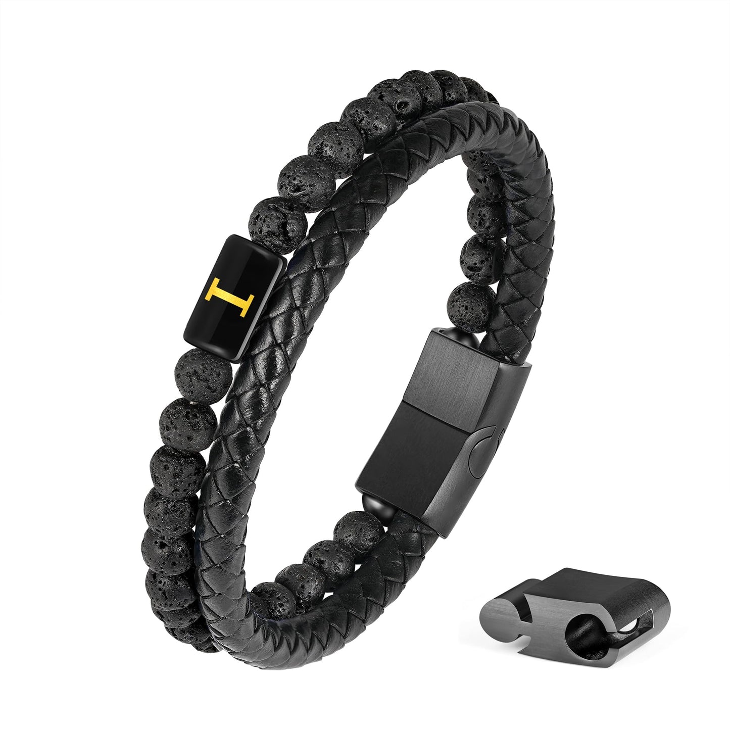 Bracelets for Men - Men Gifts Lava Rock Bead Magnetic Clasp Black Mens Leather Bracelet with Initial Black Mens Leather Bracelets Initial I Bracelet for Men's Jewelry Men's Gifts for Dad Husband Him