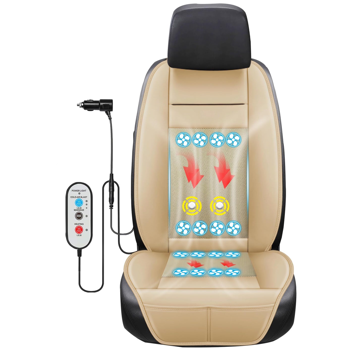 Fochutech 12V Summer Cooling Car Seat Cover with Massage Adjustable Temperature Warm Cooling Car Seat Cushion Ventilated 16 Fans Cooling Seat Cover for Car Front Seat Cooler for Vehicle SUV (Beige)