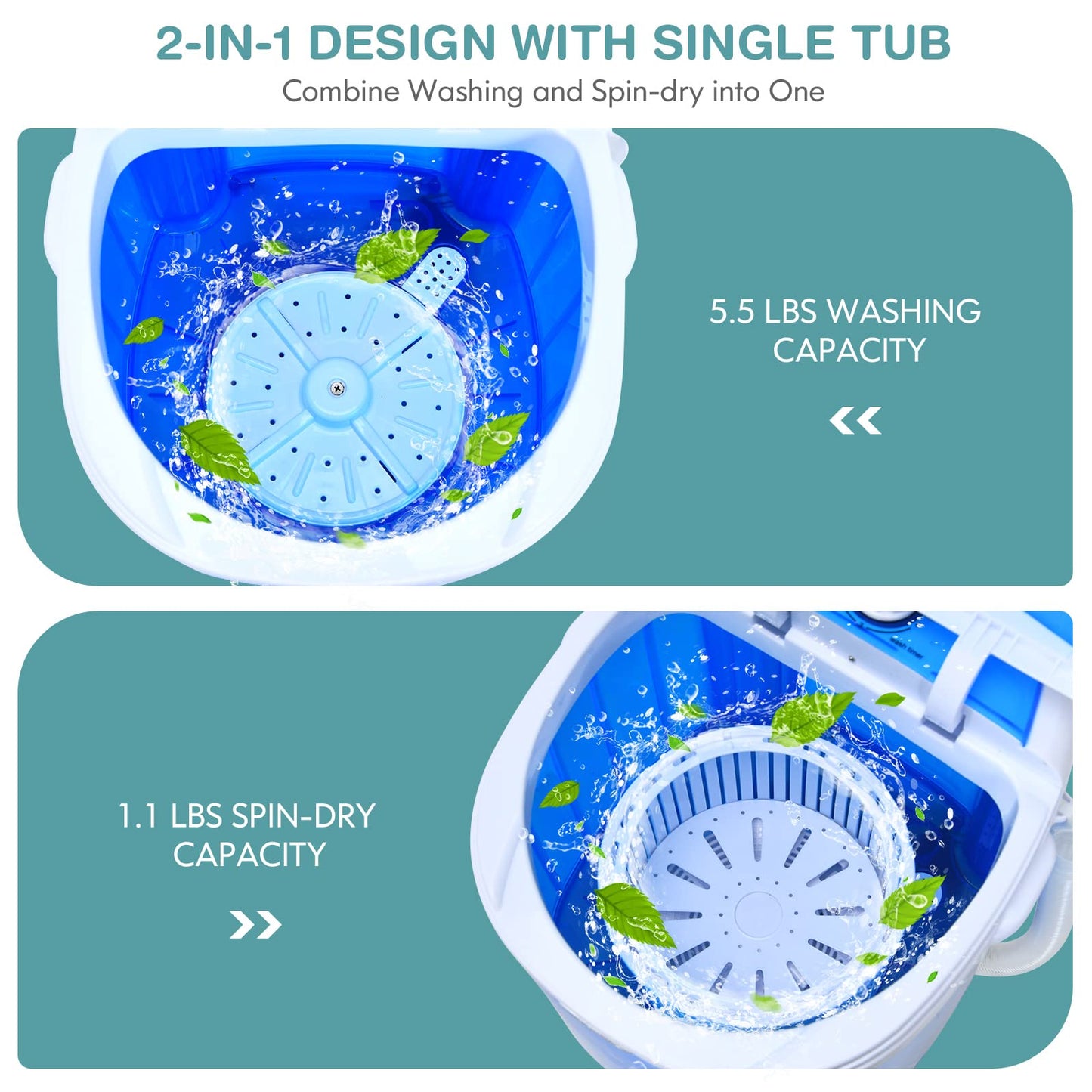 COSTWAY Mini Portable Washing Machine, 5.5 lbs Washing Capacity, Compact Laundry Washer with Durable Design, Single Tub, Rotary Controller, Small Washer Machine for Home Apartment Dorms and RV, Blue