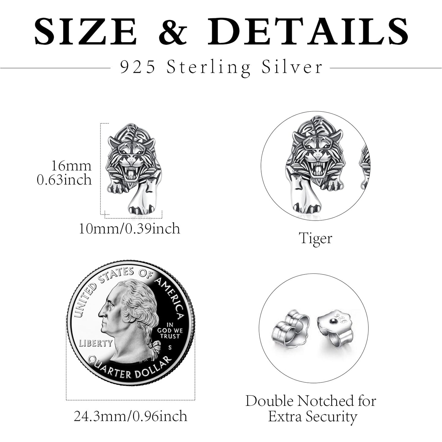 YueYuan Tiger Earrings for Men 925 Sterling Silver Tiger Head Stud Earrings Animal Viking Jewelry Gift for Birthday Graduation Christmas