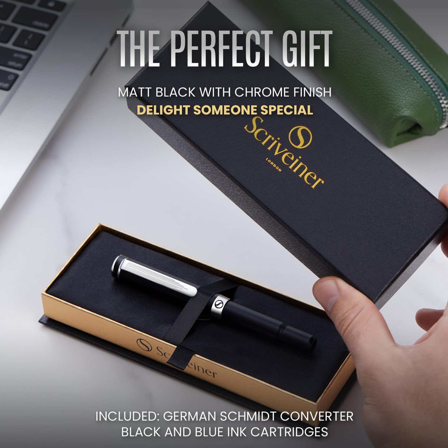 Scriveiner Luxury EDC Fountain Pen (Fine), Stunning Matt Black Pocket Pen, Chrome Finish, Schmidt German Nib, Converter, Best Writing Pen Gift Set for Men & Women, Nice Fancy Office Designer Pen