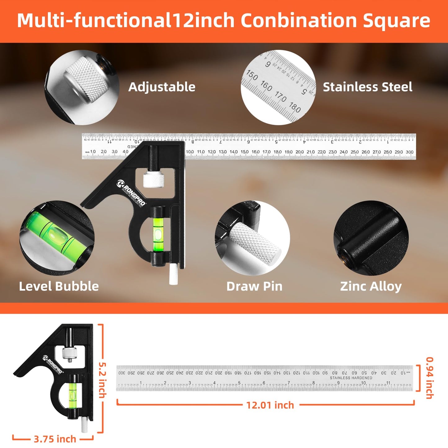 RONGPRO Aluminum Alloy 12in Carpenter Square and 12in Zinc-Alloy Combination Square Set, CNC-Machined with Woodworking Pencil, Carpenter Measuring Layout Tool for Woodworking and Home DIY.