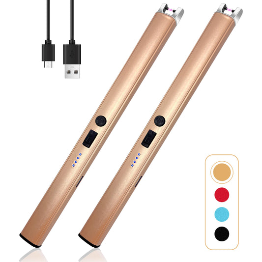 2 PCS Candle Lighter,Windproof Flameless Electric Lighter with LED Power Display ＆ Safety Switch, Upgraded Plasma USB Rechargeable Lighters for Birthday Camping BBQ (Champagne Gold)
