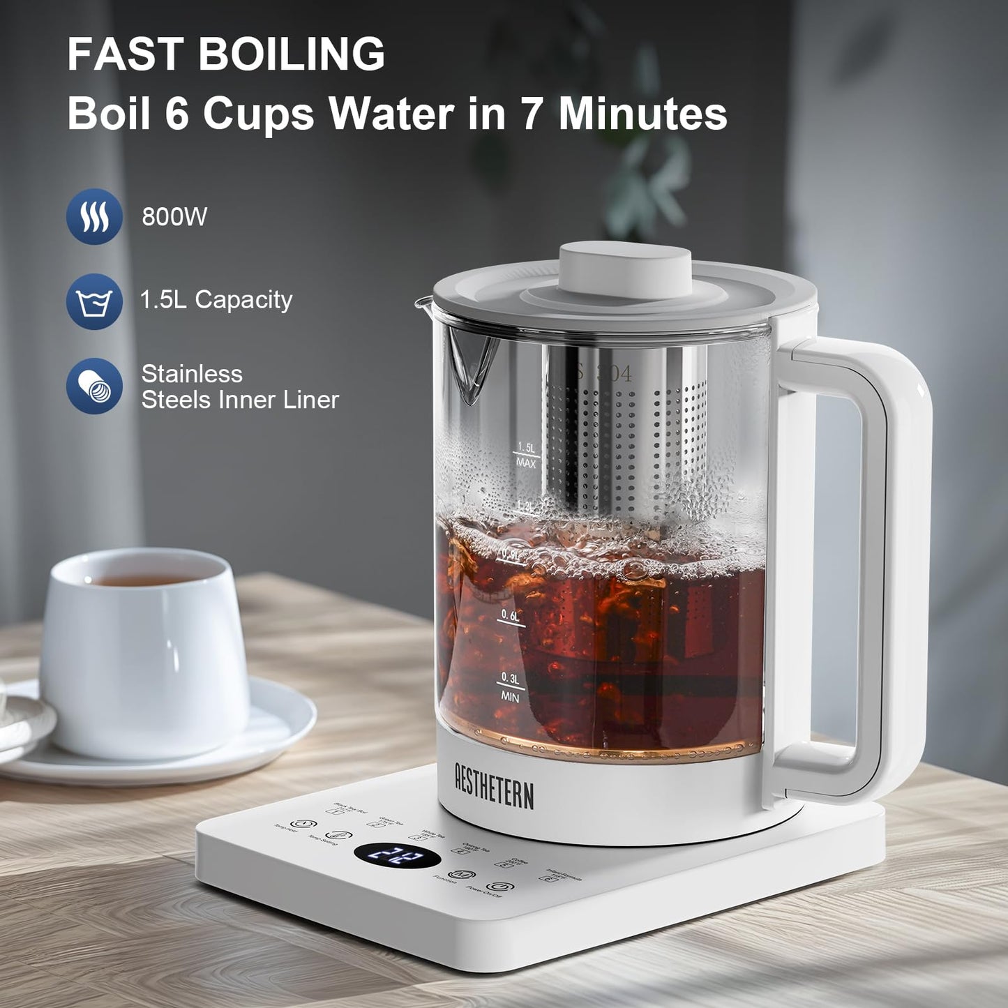 Aesthetern Electric Tea Kettle with Infuser Temperature Control and Automatic Shut Off 24 H Keep Warm for Coffee Water Heater and Tea Pot Glass White 1.5L