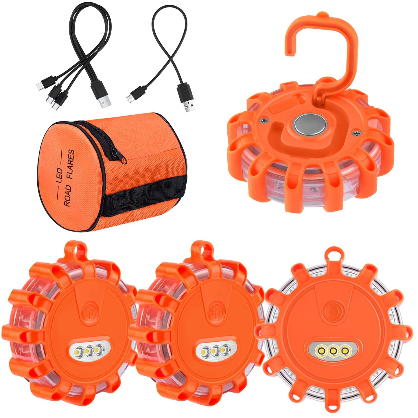 AK LED Road Flares Rechargeable Safety Flashing Warning Light Roadside Emergency Disc Beacon Kit for Vehicles Boats with Magnetic Base & Hook & USB Charging Cables (4 Pack)