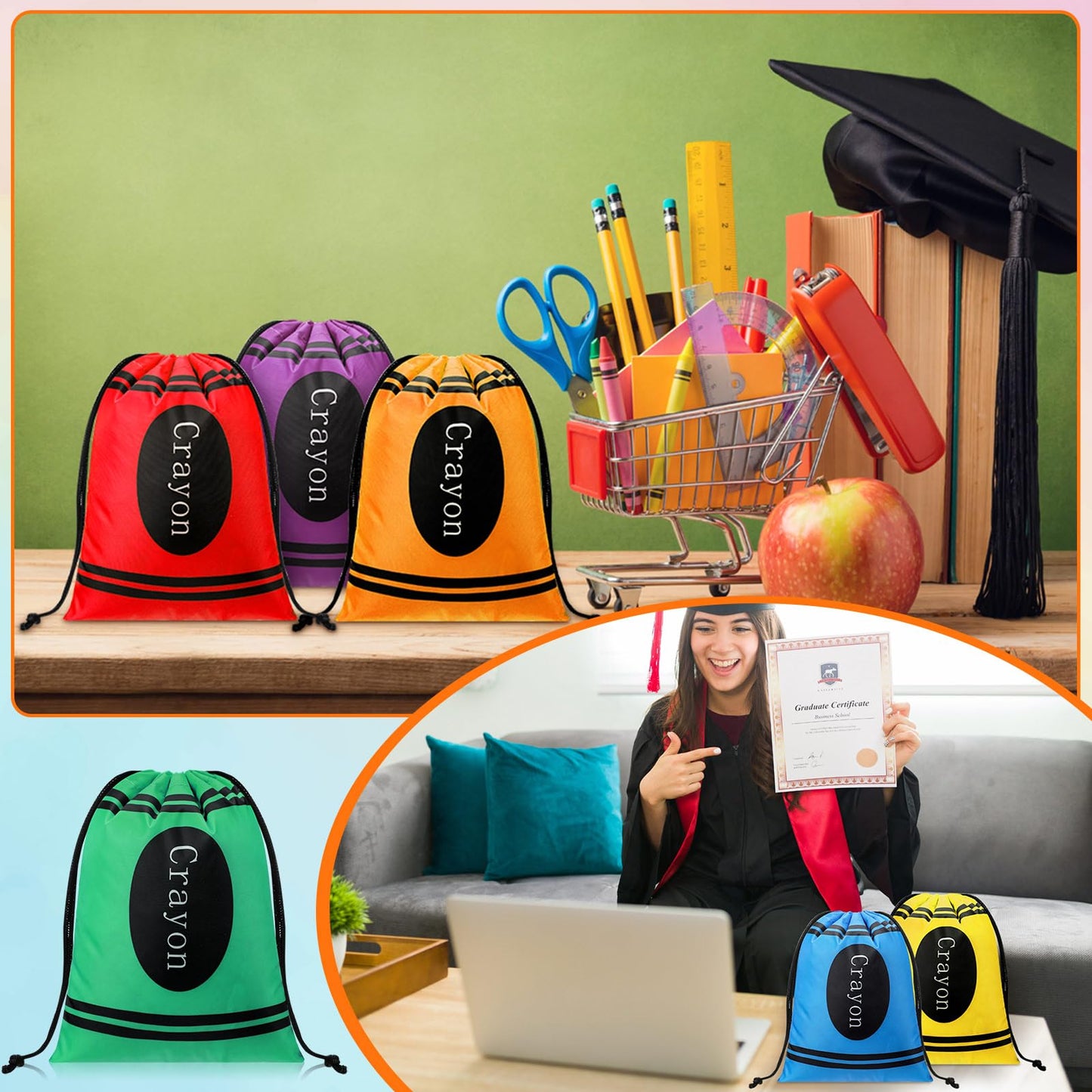 24 Pcs Graduation Gift Bag 10 x 7 Inch Crayon Drawstring Backpack Teacher Appreciation Week Favor Bulk Preschool Graduation Goodie Bag Kindergarten Birthday Supply Back to School Party Decoration