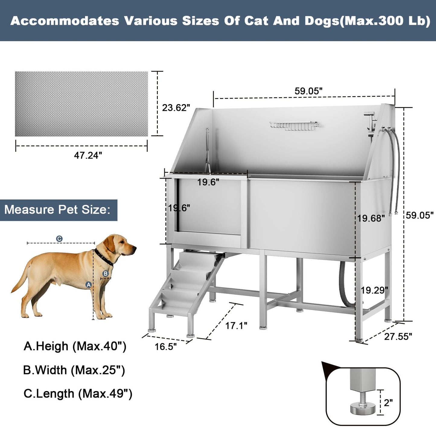 Hipicute 62" Pet Grooming Tub, Professional Stainless Steel Dog Bathtub w/Soap Box, Shower Brush,Rich Accessory, Dog Bathing Station for Large,Medium,Small Pets, Washing Sink for Home