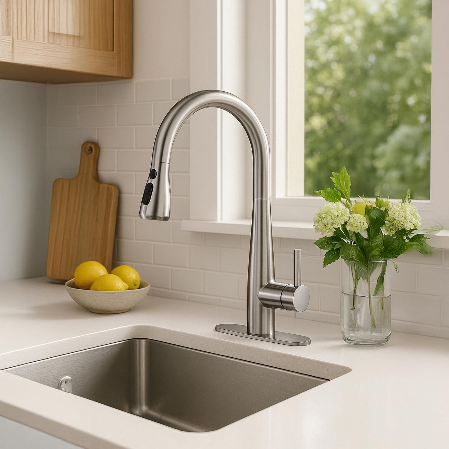 PureTap High Arc Pull Out Kitchen Faucet, Brushed Nickel Faucet, 1 or 3 Holes Kitchen Sink Bar Faucets with Pull Down Sprayer
