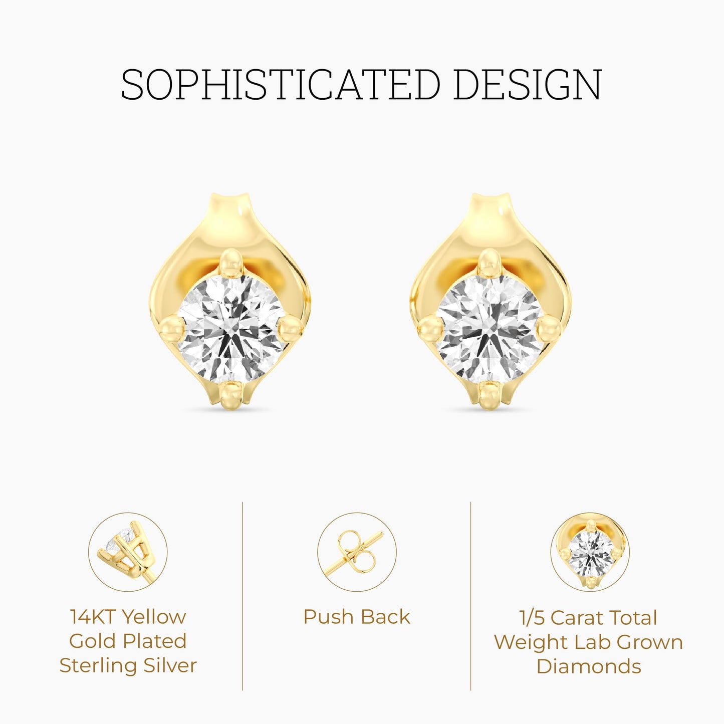 Gilded 1/5 Carat Total Weight Lab-Grown Diamond 14KT Gold Plated Silver Stud Earrings for Women| Hypoallergenic Fine Jewelry | 4-Prong Basket, Push Back Nut | SI1 Clarity, F Color, Round Cut