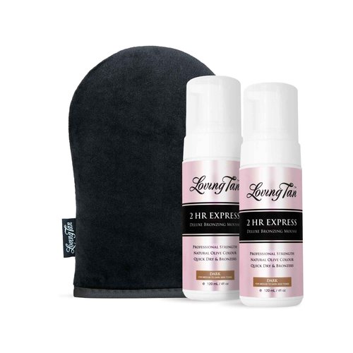 Loving Tan 2 HR Express Mousse, Dark (2 Pack) + Mitt- Streak Free, Natural looking, Professional Strength Sunless Tanner- Up to 5 Apps/Bottle, Cruelty Free, Naturally Derived DHA- 4 FL Oz