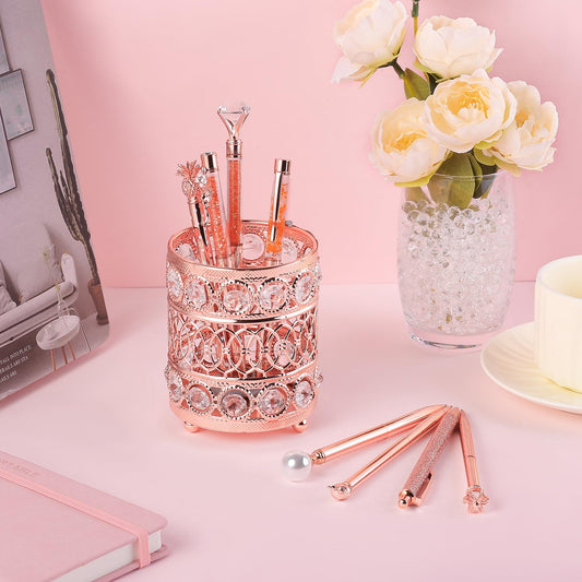 8 Pcs Rose Gold Ballpoint Pens Set, Handmade Crystal Pen Holder for Desk Black Ink Fancy Pens Liquid Sand Glitter Pens Bling Diamond Pens Gifts for Women Girls School Wedding Office Desk Supplies