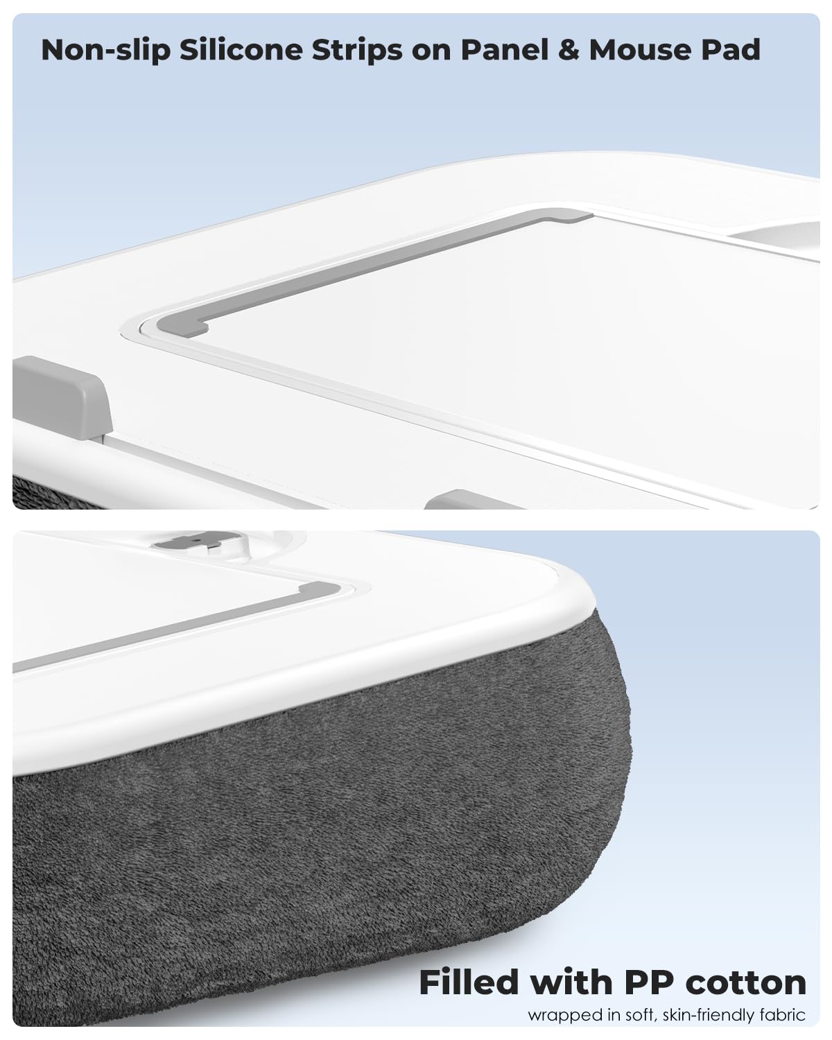 Viozon Kindle Pillow Stand Holder, Phone Holder for Bed, Laptop Lap Desk with Mouse Pad,Compatible with 4.7-13" Kindle/Tablet/Phone,10-15" Laptop, Snack Bowl&Cup Attachment&Detachable 360°Stand Arm
