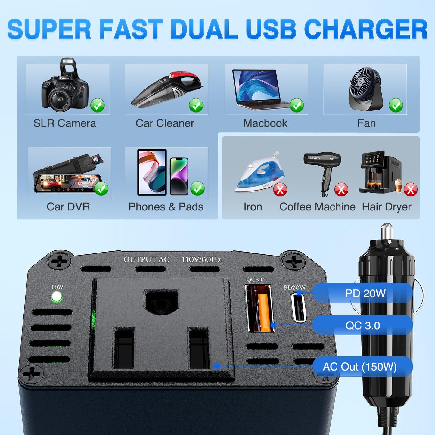 Nilight 150W Power Inverter 12V DC to 110V AC Car Converter with PD 30W USB C & QC3.0 for Phones Tablets Laptop Computer Game Console Kindle iPad DVD Players Black