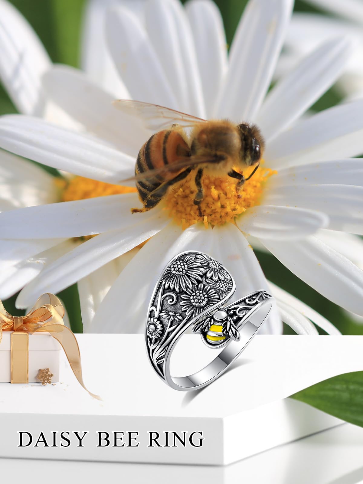 Midari Sunflower Bee Spoon Ring Sterling Silver Sunflower Ring Bee Ring for Women Adjustable Ring Flower Animal Jewelry Birthday Christmas Gifts for Women Daughter Wife(Customization)