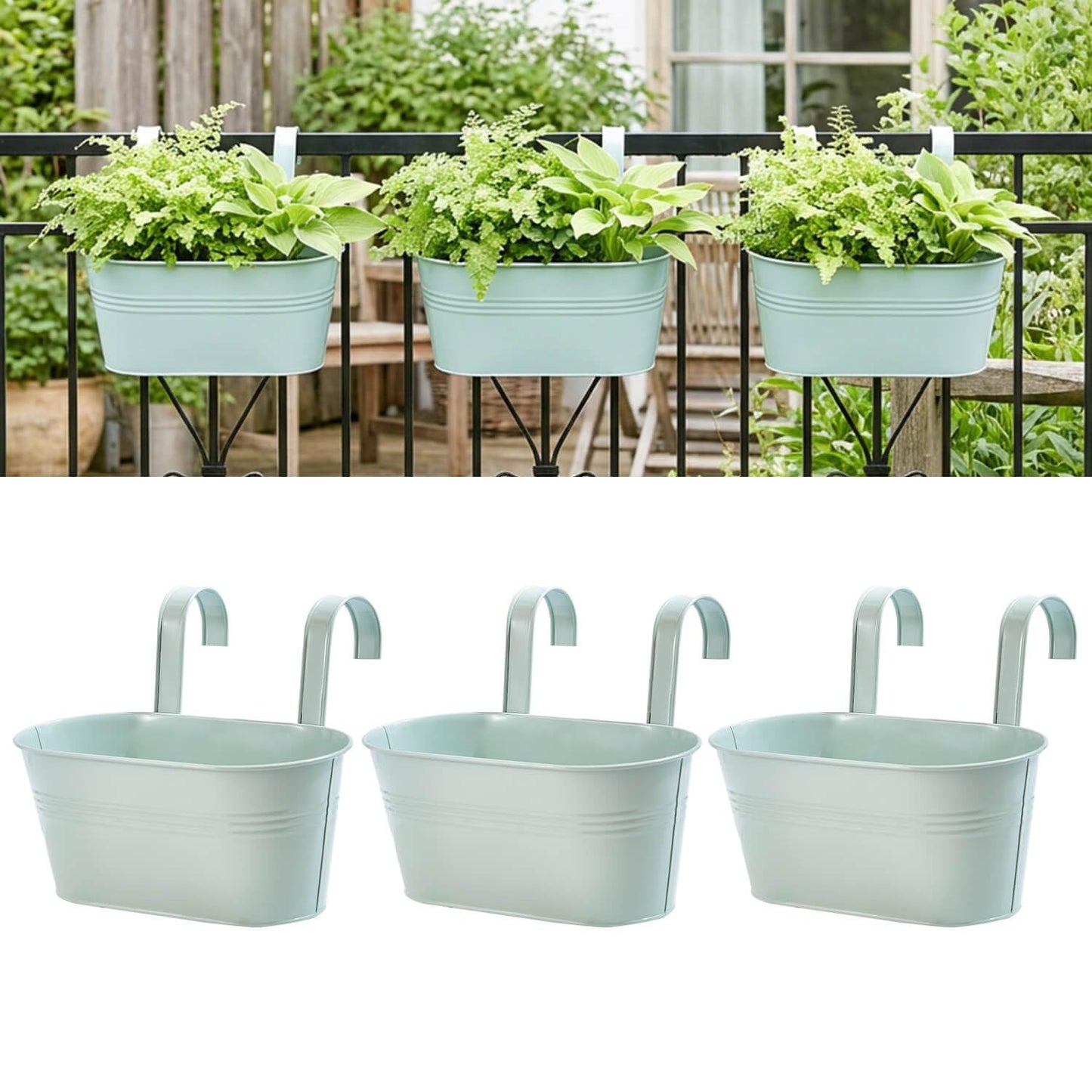 vensovo Metal Railing Planter for Outdoor Plants - 3 Pack Balcony Hanging Planter Box with Detachable Hooks and Drain Holes Oval Hanging Pots Fence Planters for Railing Garden Fence, Green