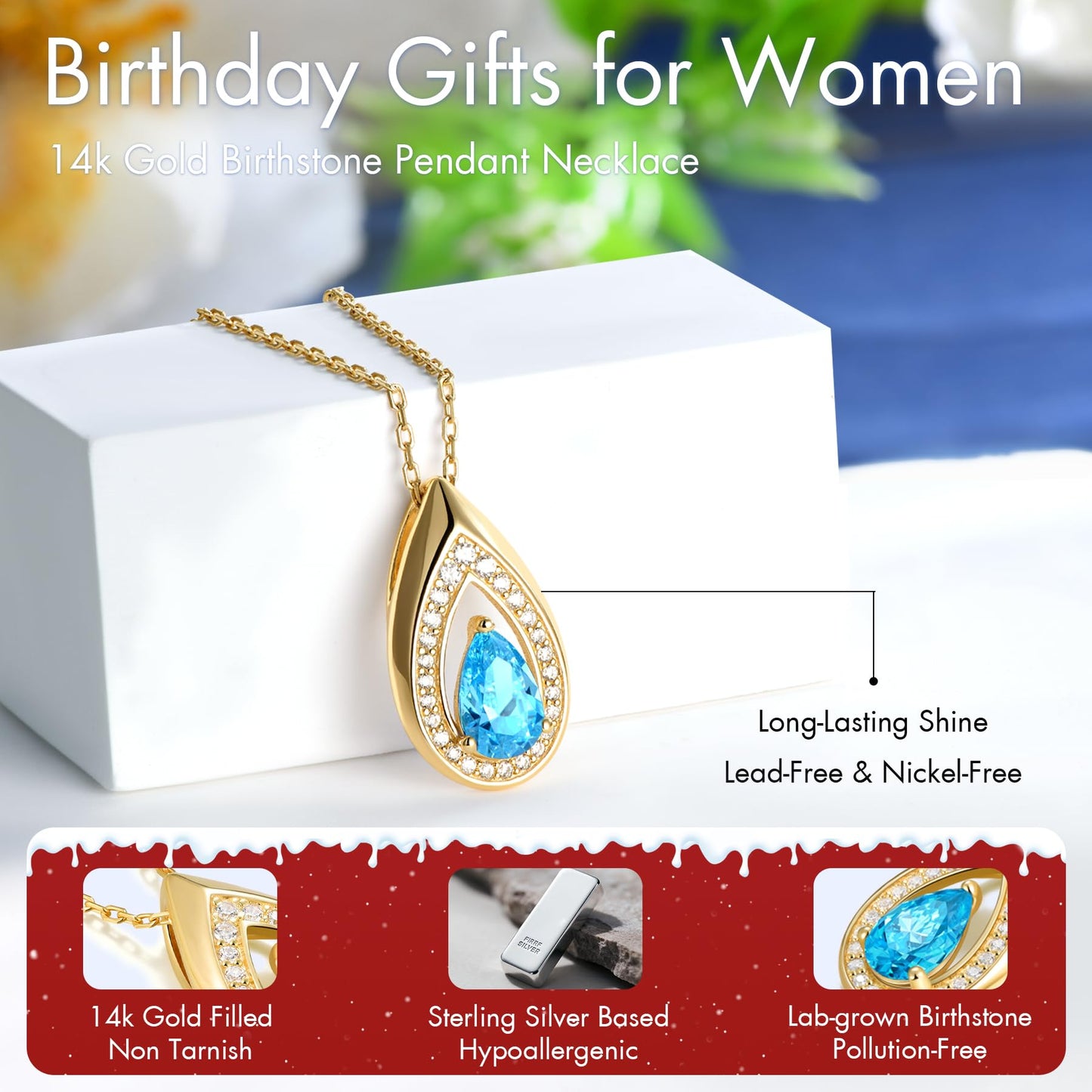 Kstyle 14k Gold Aquamarine March Birthstone Pendant Necklaces for Women Valentine's Day Birthday Gift Anniversary Jewelry for Wife Daughter Grandma Mom Sister Non Tarnish