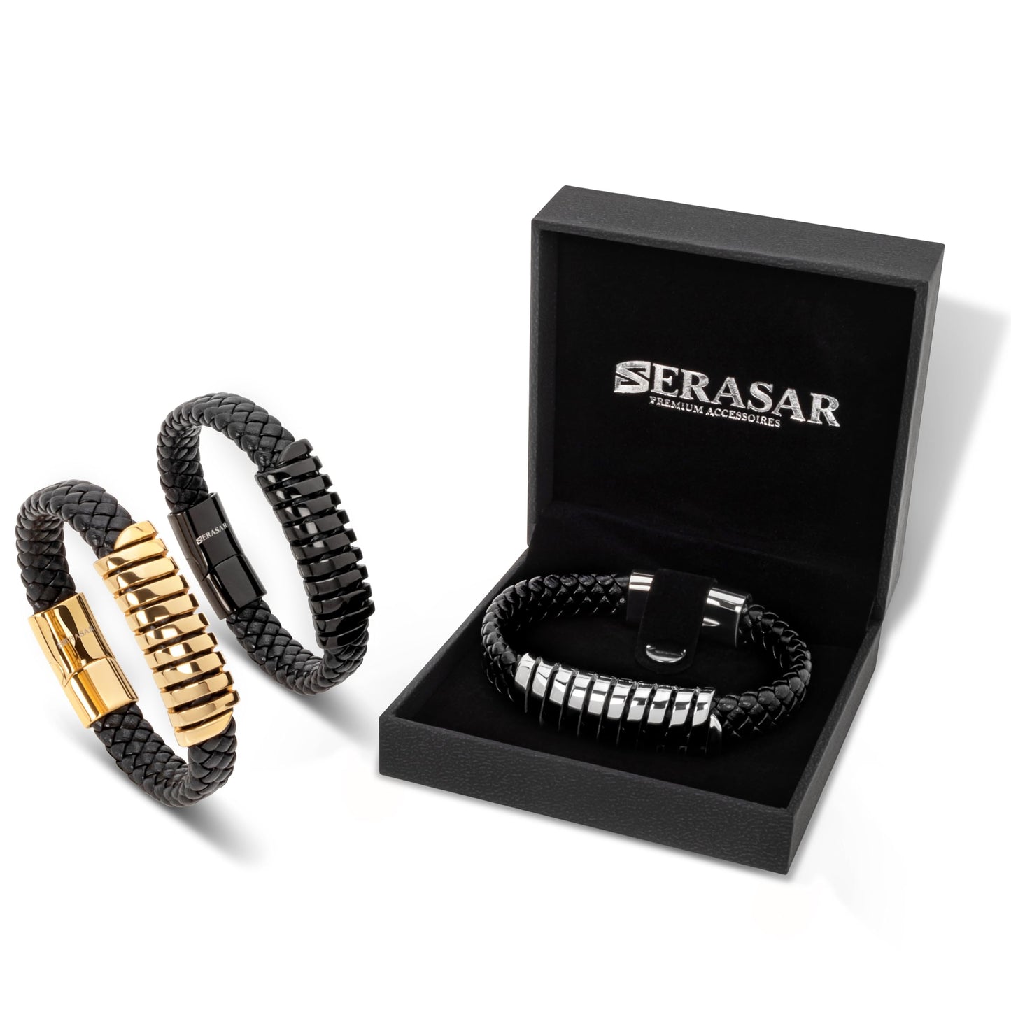 SERASAR Pulsera de oro para hombre 17cm con caja regalo hombre, trenzas piel vaca, cierre magnetico ajustable, joyero multicapa, joyeria cuerda magnetica masculina