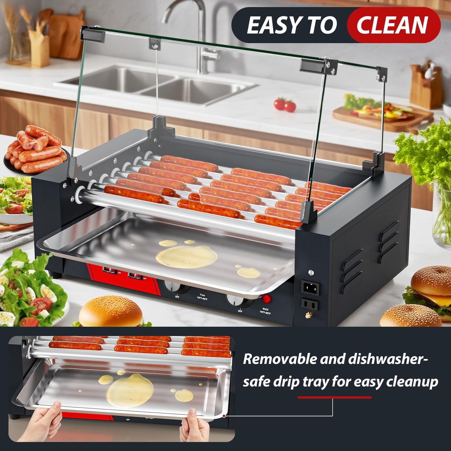Baotree Commercial Hot Dog Rollers, 7 Rollers 18-24 Hot Dogs Capacity, 1000W Stainless Steel Hot Dog Griller with Dual Controls, Glass Cover, Removable Tray for Commercial and Party