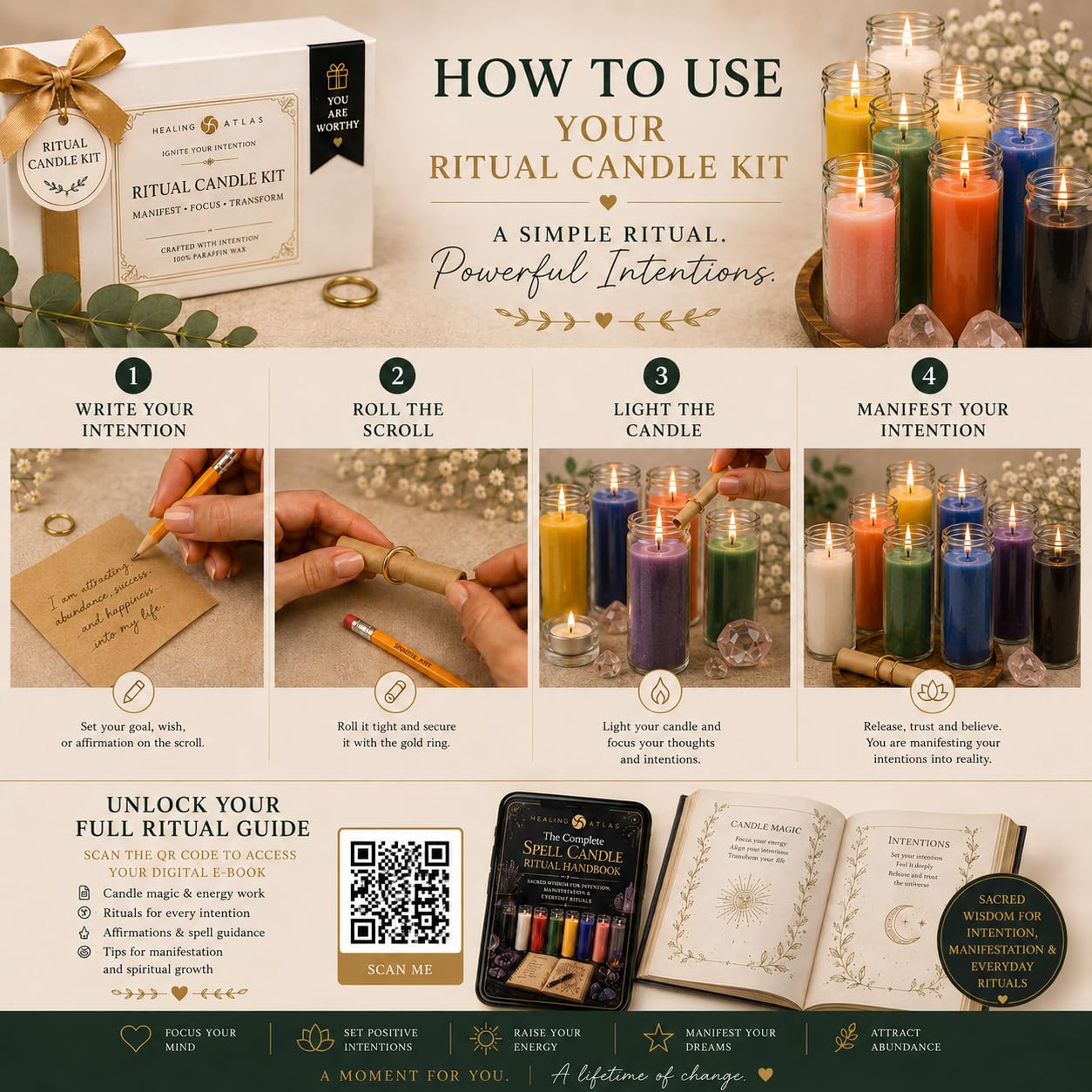 White Clarity Manifestation Candle Kit – 8" Ritual Prayer Candle with Intention Scrolls, Pencil & QR Guide for Clarity, Focus, Spiritual Growth & Mindfulness
