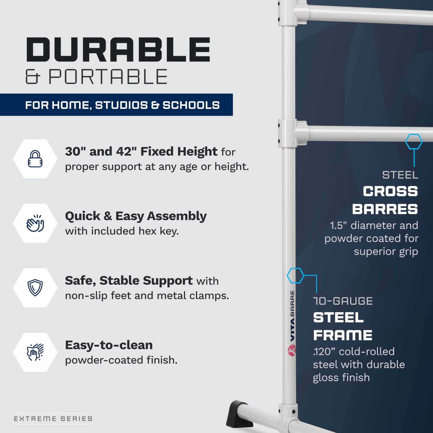 VITA Barre Portable Freestanding Double Ballet Barre, Extreme, 5 Ft Bars, Satin Silver, Steel | Fixed Height, Made in USA, Home or Gym Exercise Equipment for Kids & Adults | Dance, Fitness, Pilates