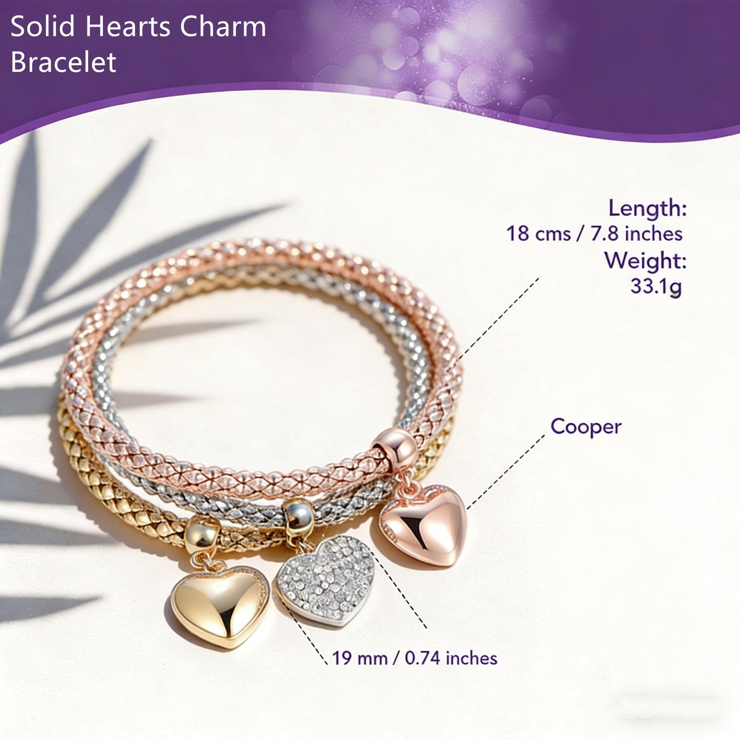 SILANER Crystal Charms Multilayer Bracelets - 3PCS Gold/Silver/Rose Gold Corn Chain Bracelet for Women, Tree of Life Heart Shaped Stretch Bracelet(Solid Hearts Charm)