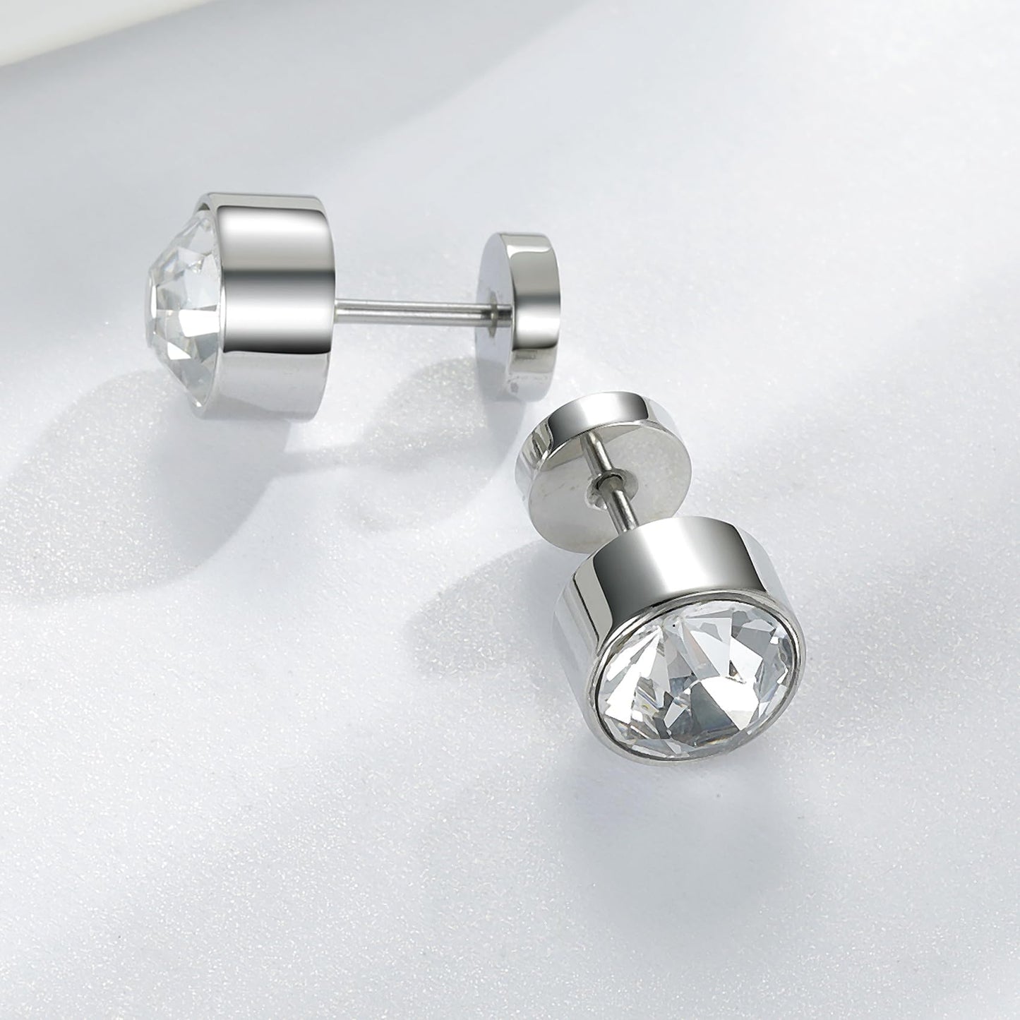 VOLUKA Titanium Earrings Screw Flat Back Earrings Studs Hypoallergenic for Sensitive Ears Cubic Zirconia Created Quartz Punk Dot Disc Barbell Stud Earrings-10mm CZ