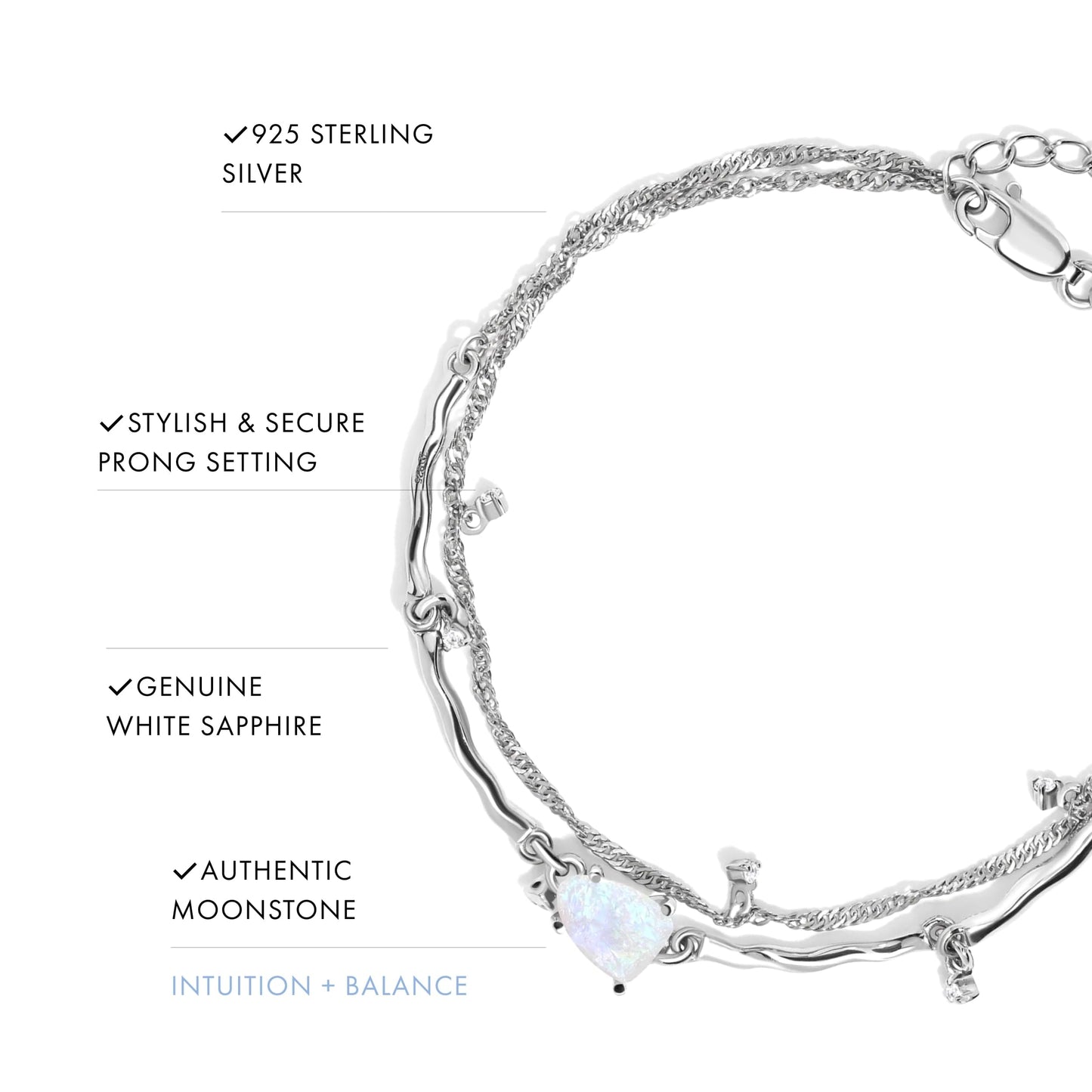 Moon Magic Moonstone Bracelet for Women | Black Obsidian, Rose Quartz Bracelet/Real 925 Sterling Silver | 18k Rose & Yellow Gold Rainbow Genuine Moonstone Jewelry for women | June Birthstone Bracelet