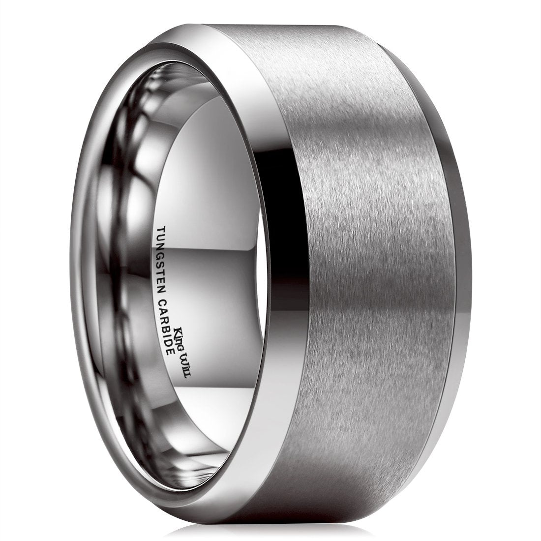 King Will 10mm Silver Men's Wedding Ring - Brushed Matte Finish, Beveled Polished Edge, Comfort Fit Size 12