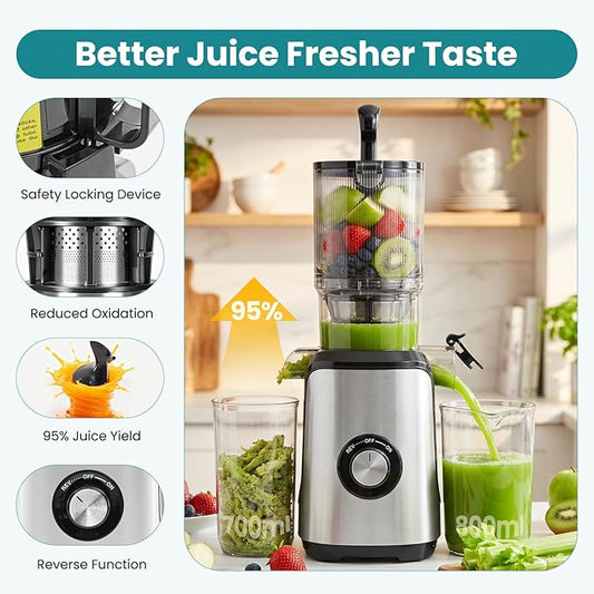OLIXIS Cold Press Juicer, Masticating Juicer Machine with Reverse Function, Juice Extractor for Making Nut Milk, Easy Clean & Blade-Free, Silver